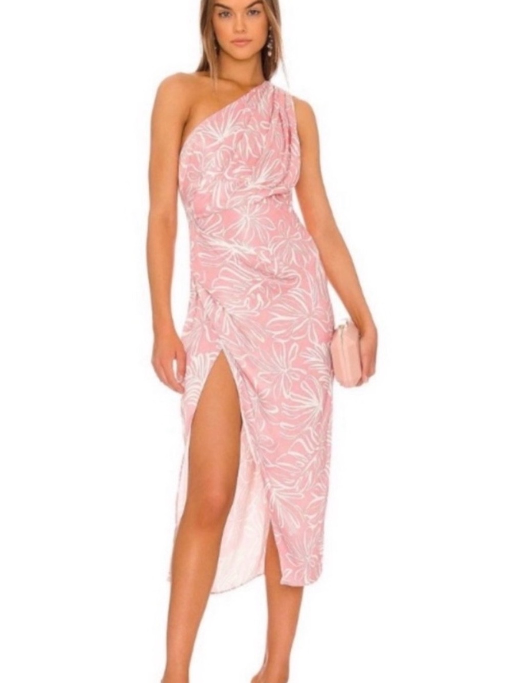NWT SAYLOR One-Shoulder Pink Floral Midi Dress with Side Slit